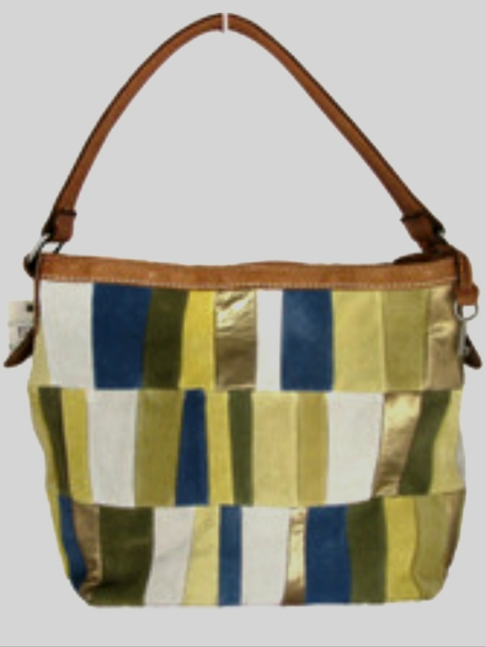 Patchwork Stripe Shoulder Bag in Blue, Green, Gold & Gray - Suede By Fossil